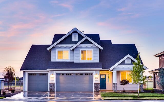 Modern house with lights turned on